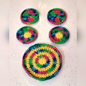 Handmade Crochet Dishcloth & Coaster Set, Sunburst, Multi-Colored, 100% Cotton